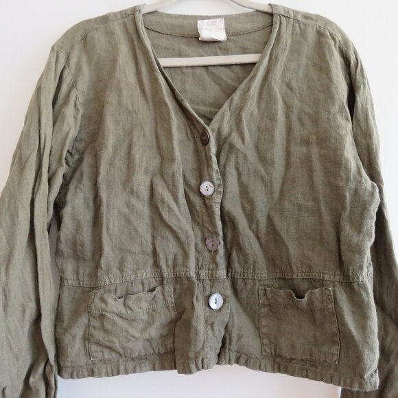 VINTAGE TOM TOM USA 100% Linen Cropped Blazer Jacket Khaki Green Lagenlook S - Picture 3 of 15